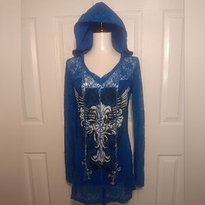 Royal Blue Sheer Lace Hoodie With Patchwork Design And Studded Rhinestones